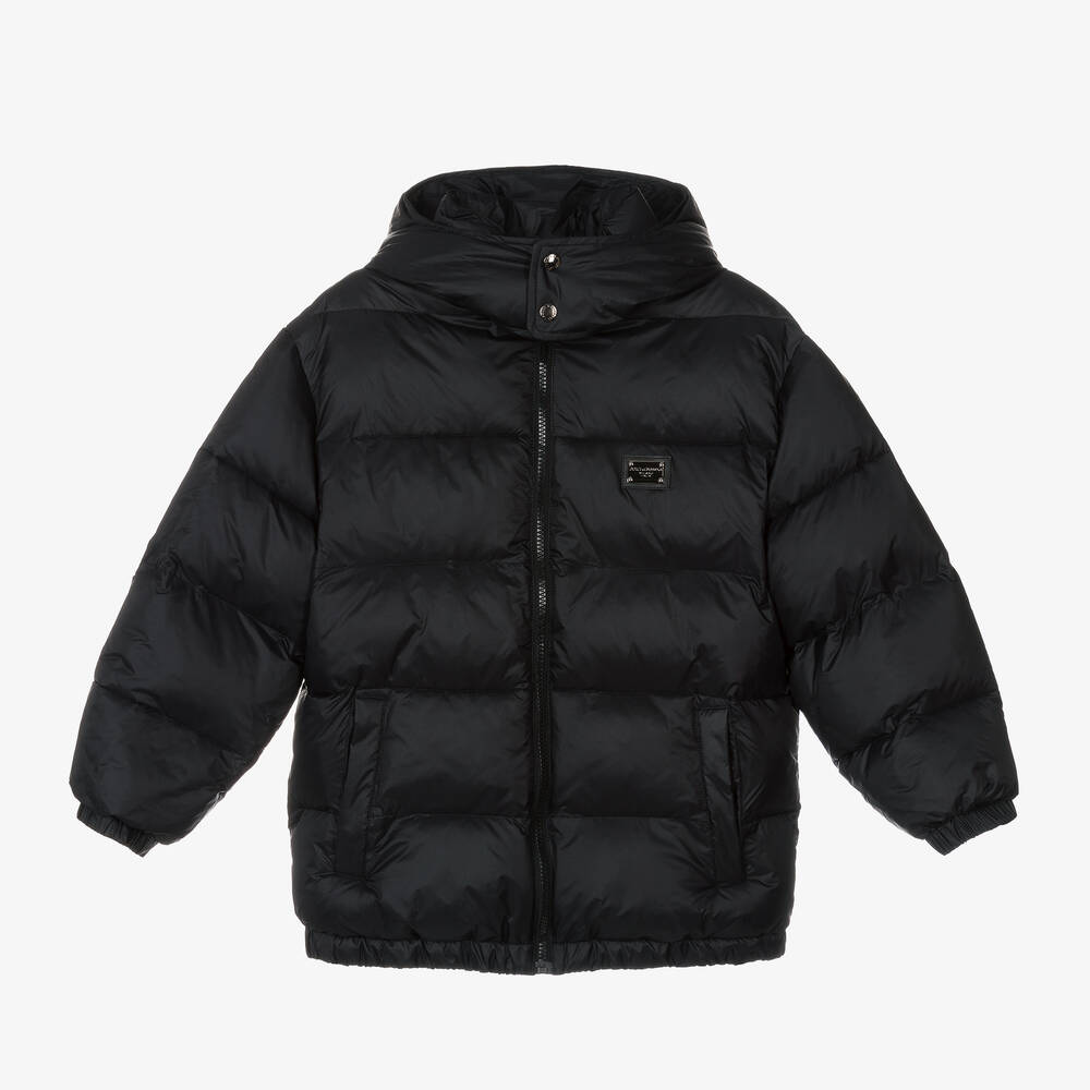 Dolce & Gabbana - Boys Black Hooded Puffer Jacket | Childrensalon