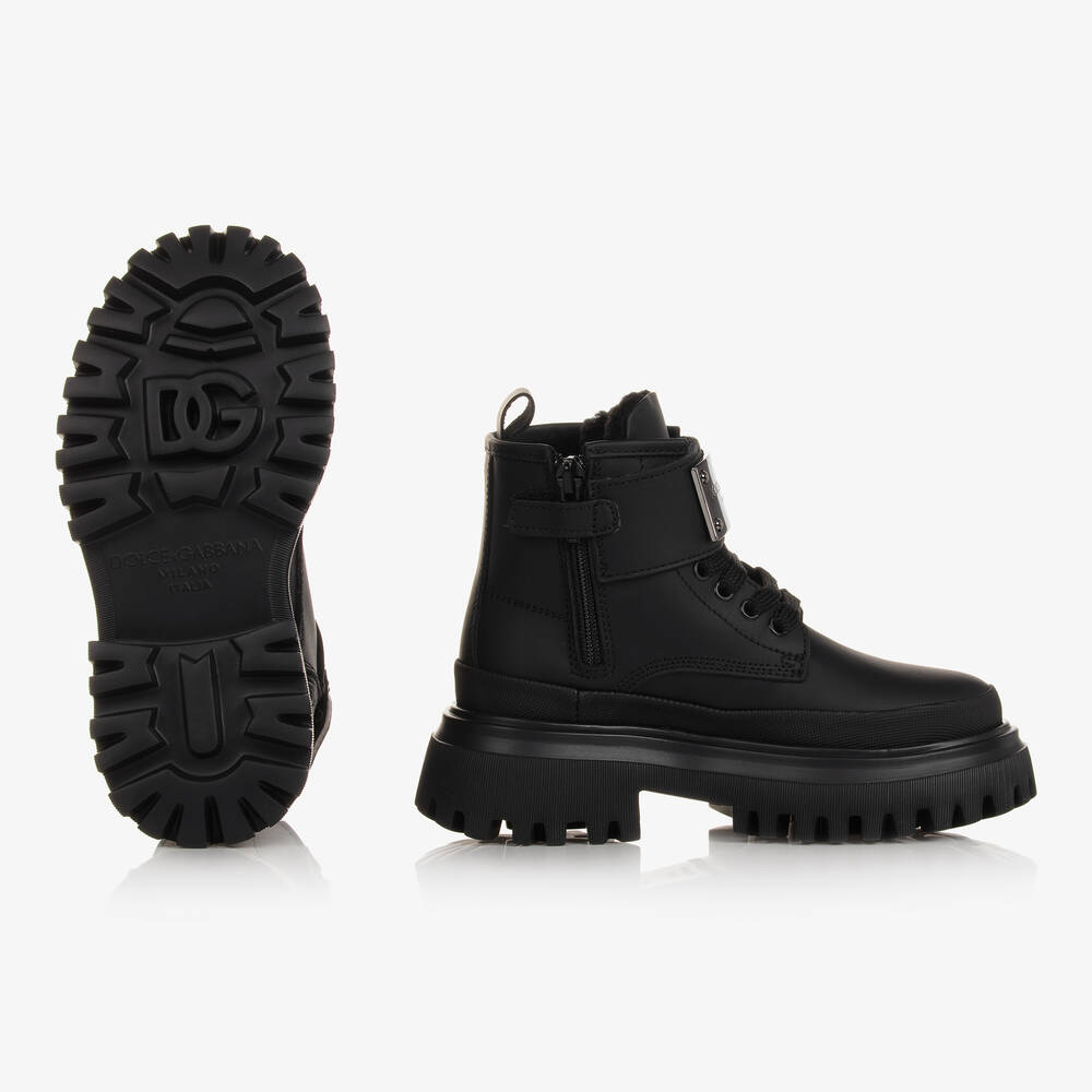 دولتشي آند غابانا-بوت للكاحل جلد لون أسود للأولاد | Childrensalon Outlet