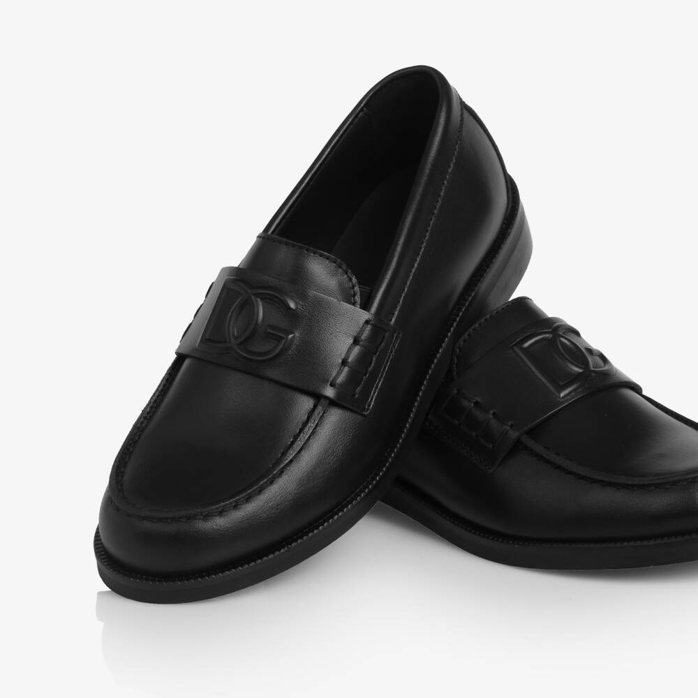 Dolce & Gabbana-Boys Black Leather DG Logo Loafers | Childrensalon Outlet