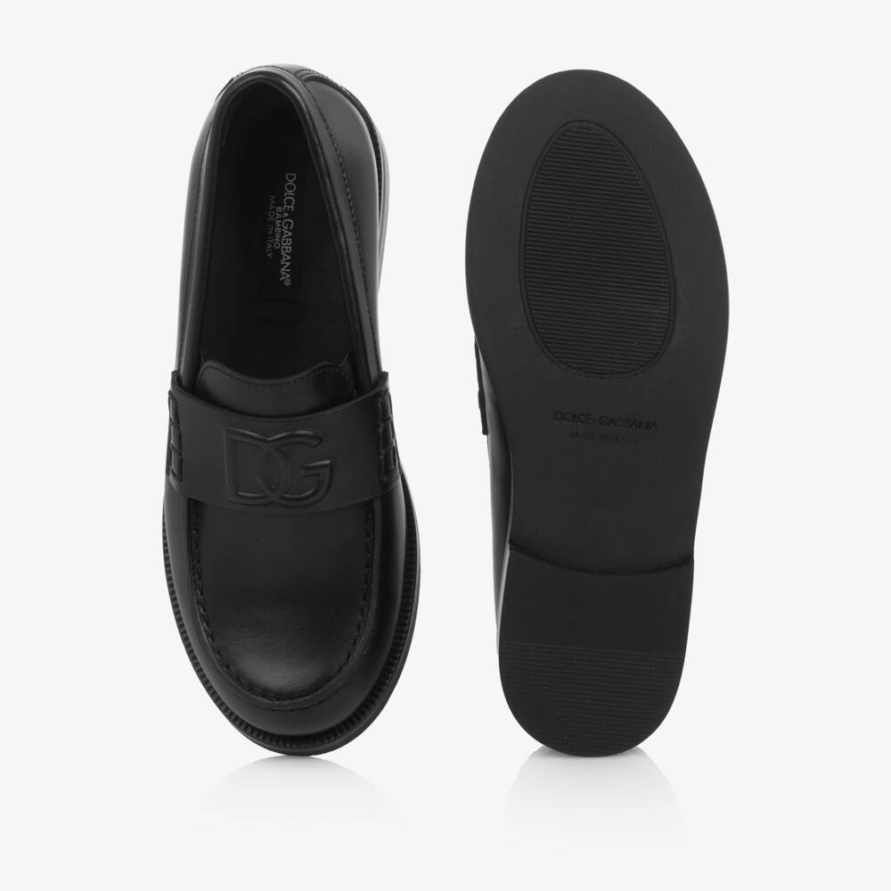 Dolce & Gabbana-Boys Black Leather DG Logo Loafers | Childrensalon Outlet
