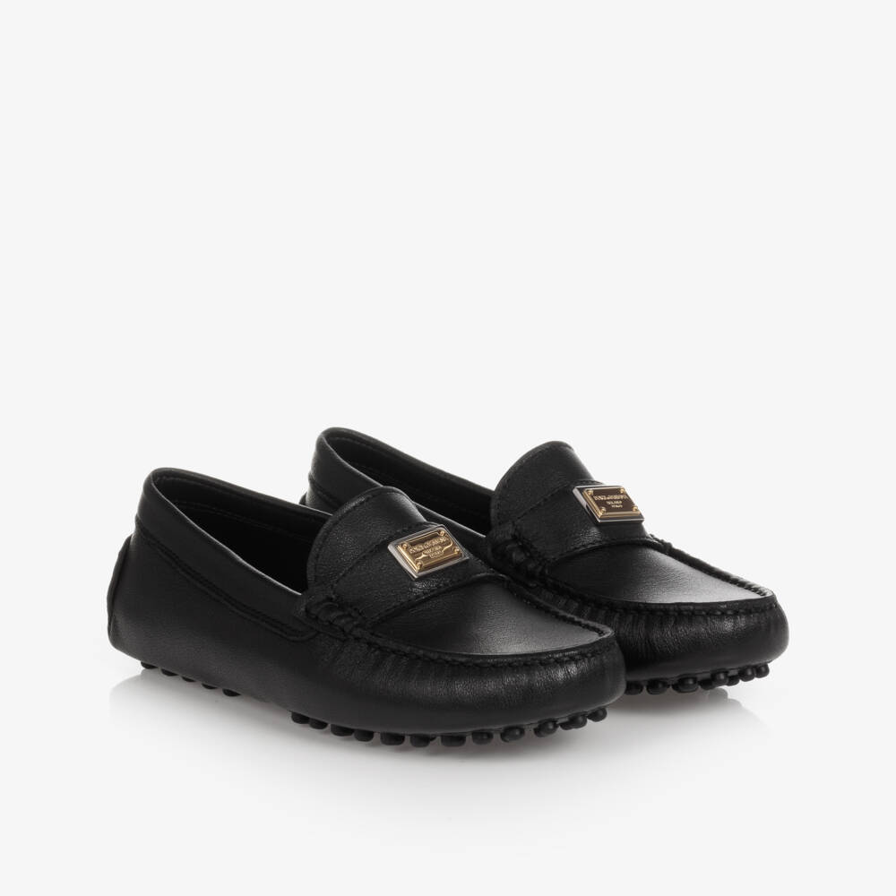 Dolce & Gabbana-Boys Black Leather Moccasins | Childrensalon Outlet