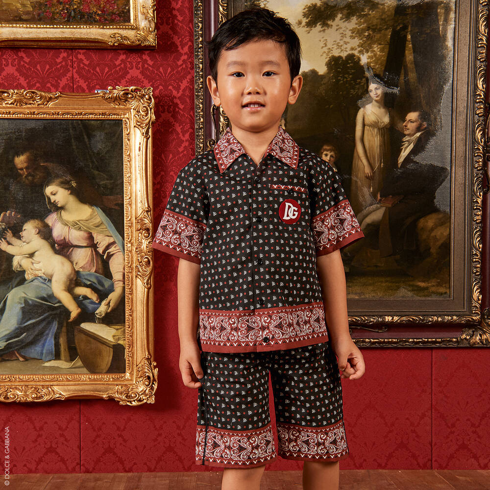 Dolce & Gabbana-شورت قطن بوبلين لون أسود وأحمر للأولاد | Childrensalon Outlet