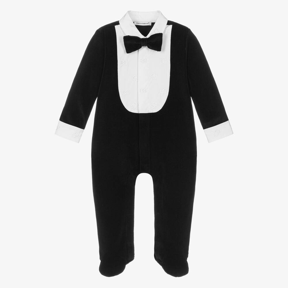 Dolce & Gabbana - Boys Black Velour Tuxedo Babygrow | Childrensalon