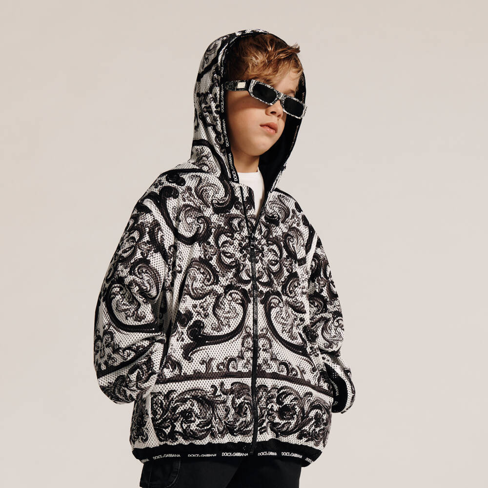 Dolce & Gabbana-Boys Black & White Majolica Print Cotton Zip-Up Top | Childrensalon Outlet