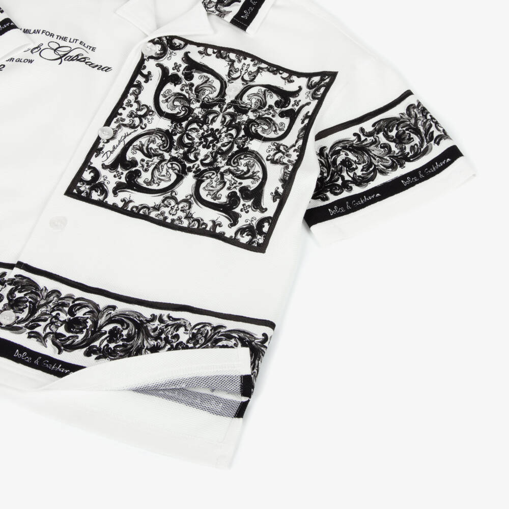 Dolce & Gabbana-Boys Black & White Majolica Print Piqué Shirt | Childrensalon Outlet