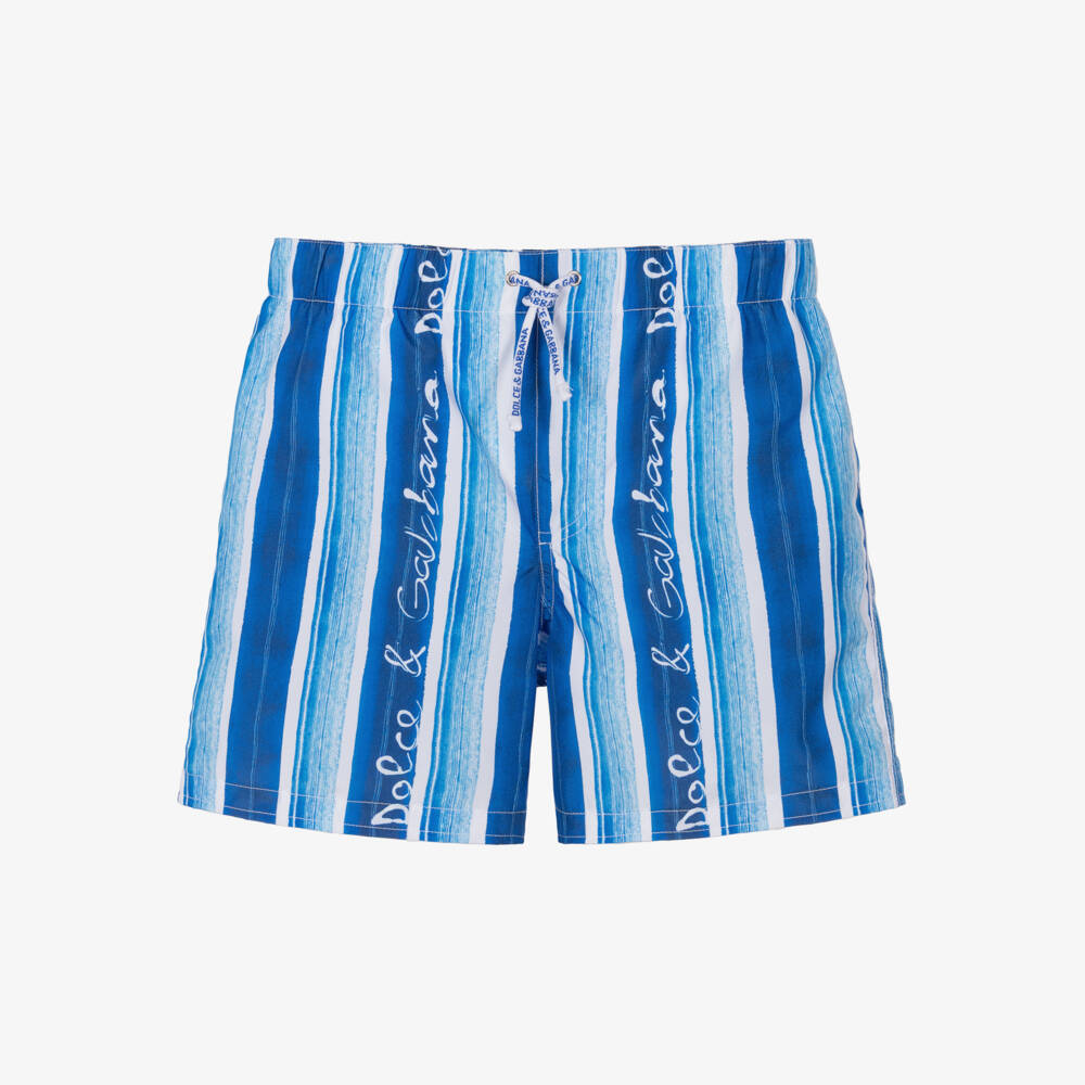 Dolce & Gabbana-Boys Blue Logo-Striped Swim Trunks | Childrensalon Outlet