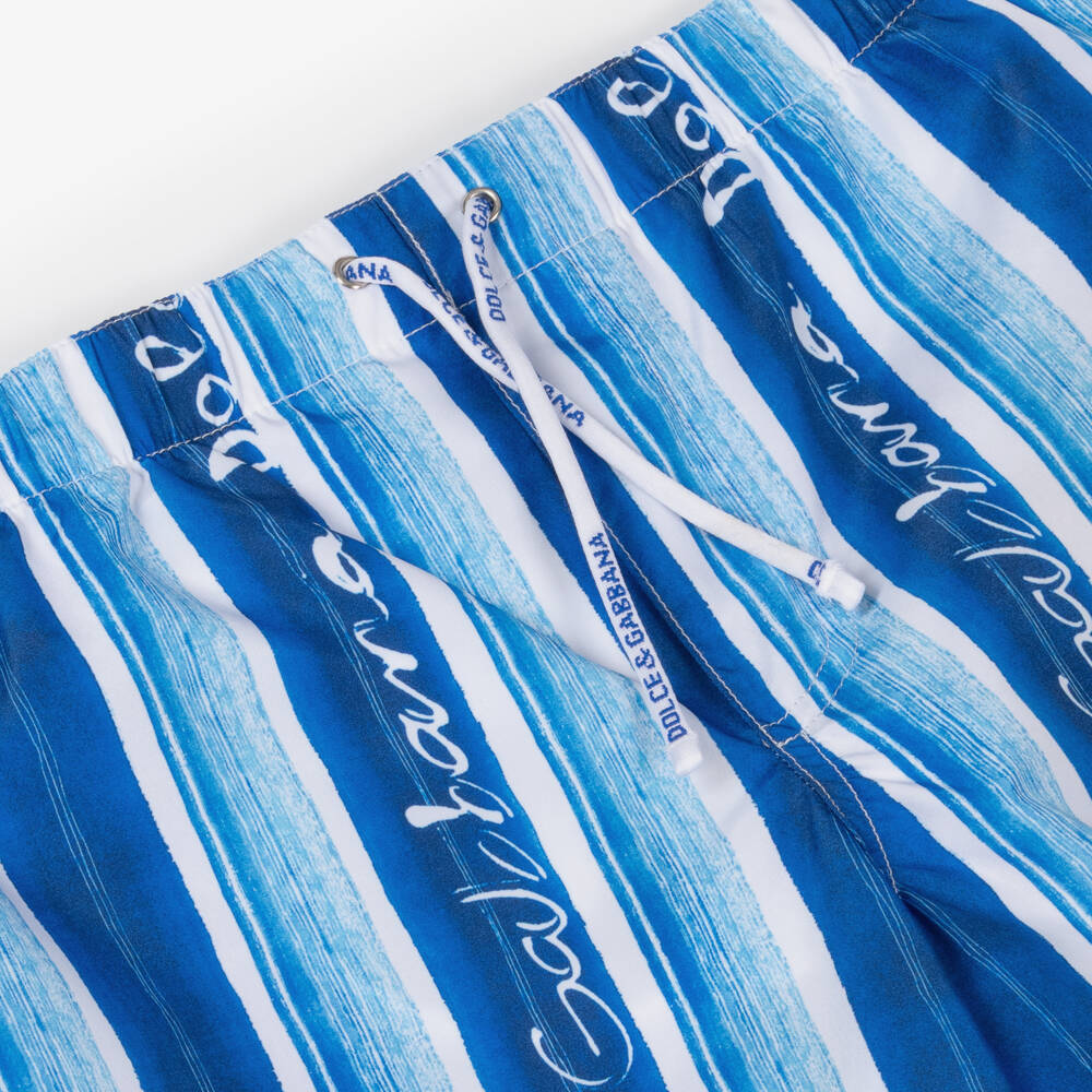 Dolce & Gabbana-Boys Blue Logo-Striped Swim Trunks | Childrensalon Outlet