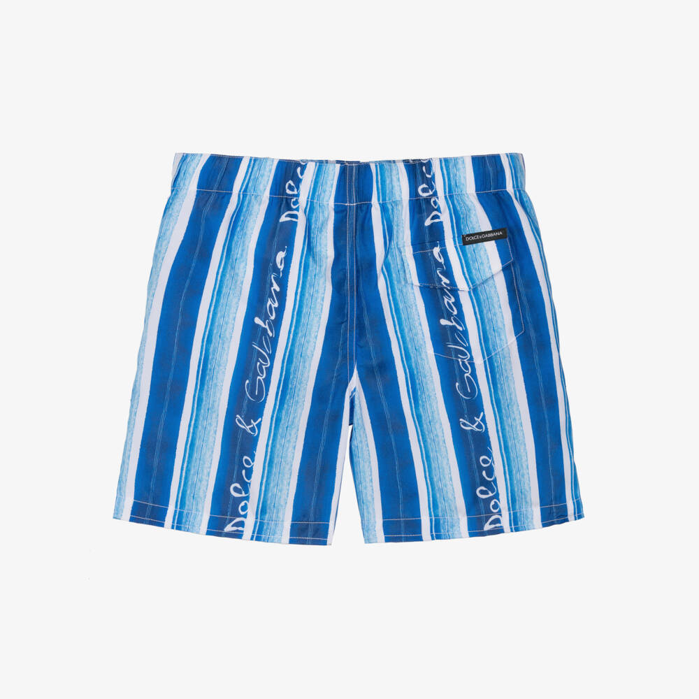 Dolce & Gabbana-Boys Blue Logo-Striped Swim Trunks | Childrensalon Outlet