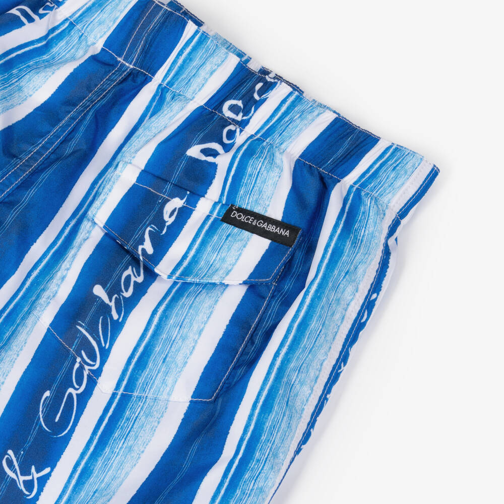 Dolce & Gabbana-Boys Blue Logo-Striped Swim Trunks | Childrensalon Outlet