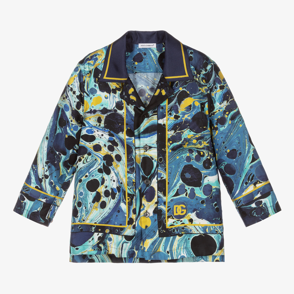 Dolce & Gabbana - Blaues Seidenhemd mit Marmor-Print (J) | Childrensalon