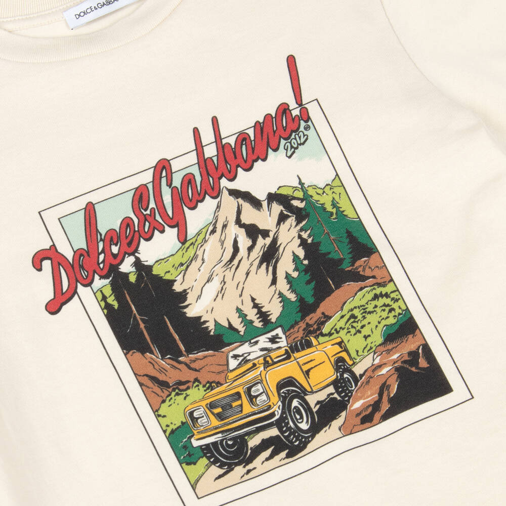 Dolce & Gabbana-Boys Cream Cotton Mountain Explorer Print T-Shirt | Childrensalon Outlet