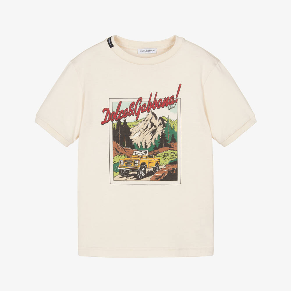 Dolce & Gabbana-Boys Cream Cotton Mountain Explorer Print T-Shirt | Childrensalon Outlet