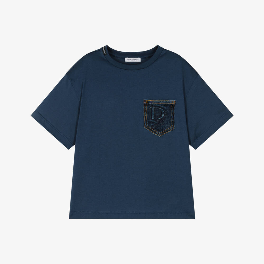 Dolce & Gabbana-Футболка с джинсовыми акцентами синяя для мальчиков | Childrensalon Outlet