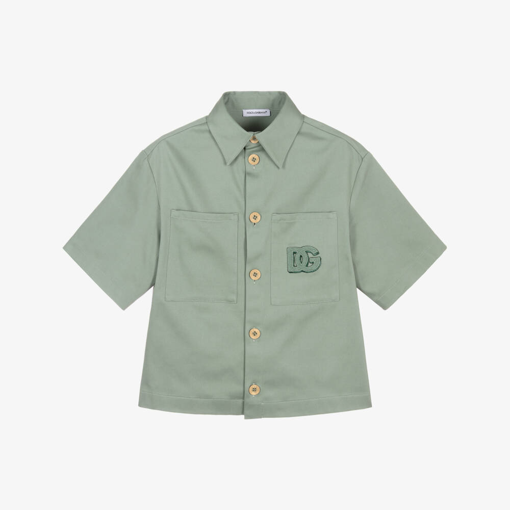 Dolce & Gabbana-Boys Green Cotton Sateen DG Logo Shirt | Childrensalon Outlet