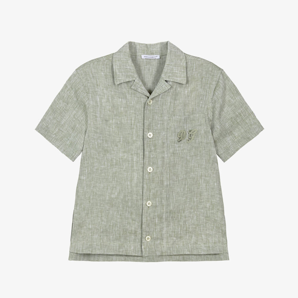 Dolce & Gabbana-Boys Green Marl Linen Shirt with DG Appliqué | Childrensalon Outlet
