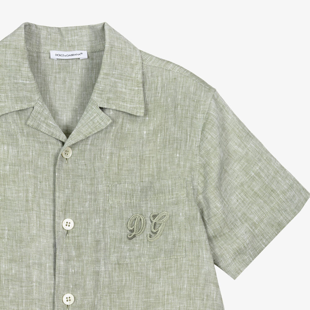 Dolce & Gabbana-Boys Green Marl Linen Shirt with DG Appliqué | Childrensalon Outlet