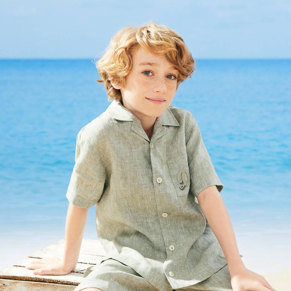 Dolce & Gabbana-Boys Green Marl Linen Shirt with DG Appliqué | Childrensalon Outlet