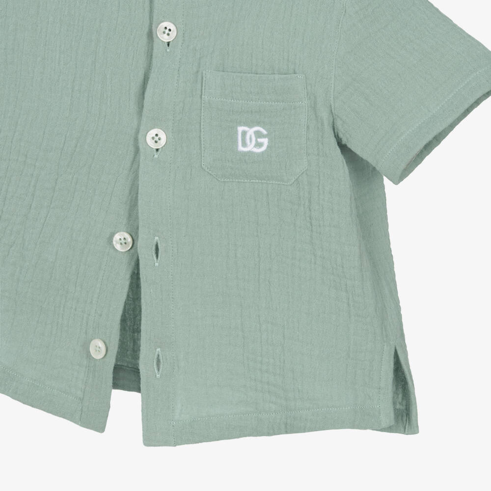 Dolce & Gabbana-Boys Green Muslin Collarless Shirt | Childrensalon Outlet