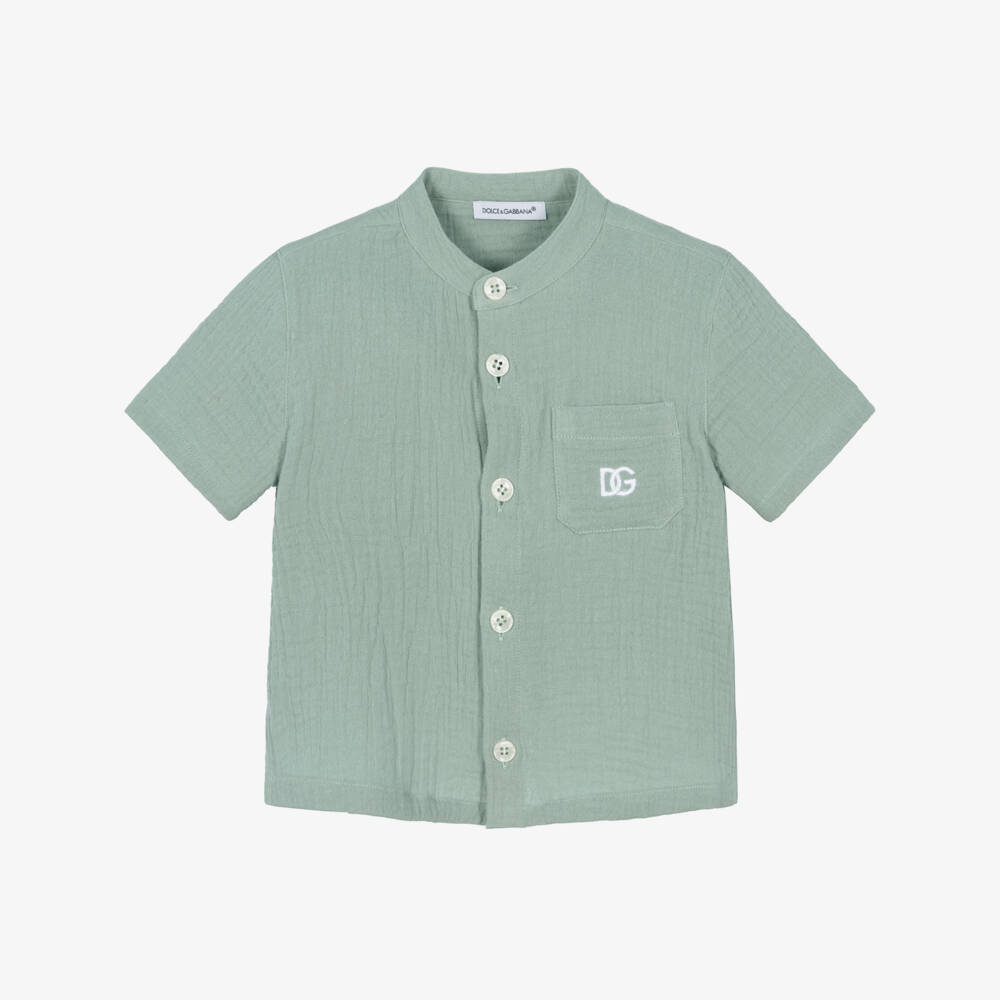Dolce & Gabbana-Boys Green Muslin Collarless Shirt | Childrensalon Outlet