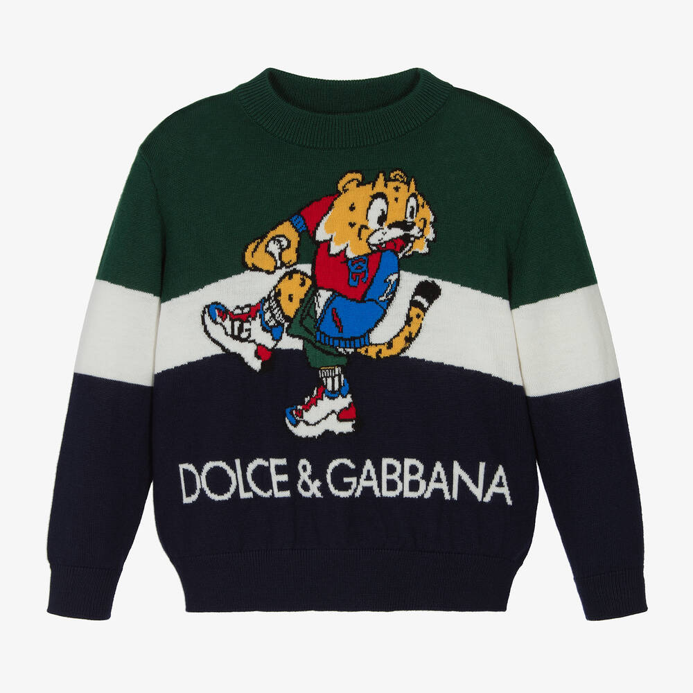 Dolce & Gabbana - Grün gestreifter Pullover mit Tigermotiv für Jungen  | Childrensalon