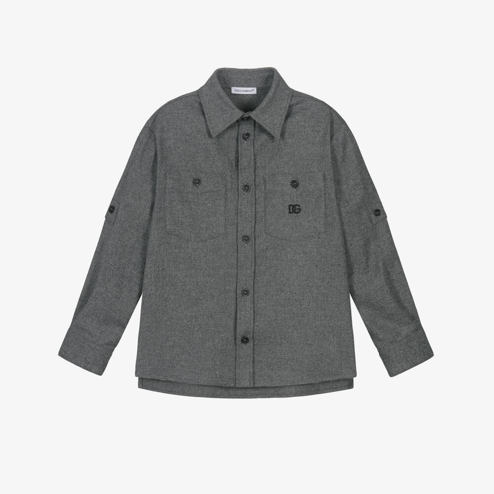 Dolce & Gabbana-Boys Grey Brushed Wool Twill Pocket Shirt | Childrensalon Outlet