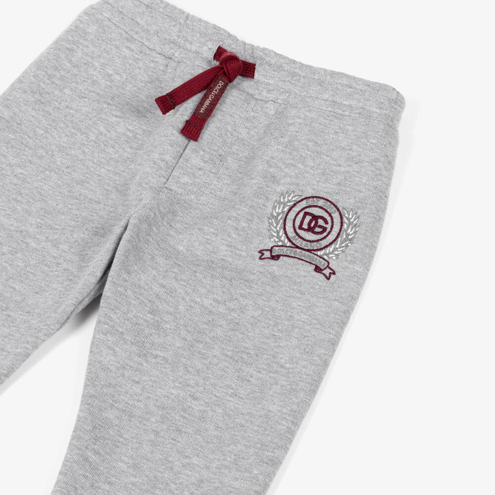 Dolce & Gabbana-Boys Grey Cotton Joggers with Burgundy Trim & Logo | Childrensalon Outlet