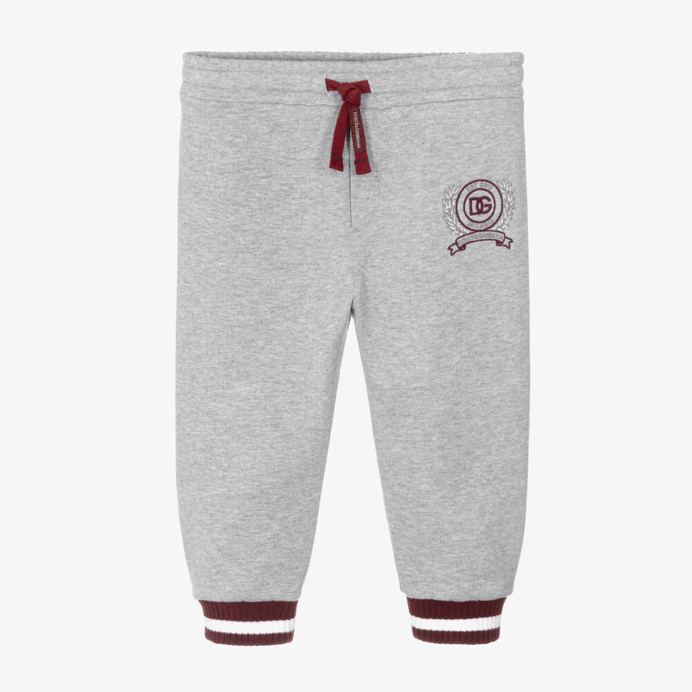 Dolce & Gabbana-Boys Grey Cotton Joggers with Burgundy Trim & Logo | Childrensalon Outlet