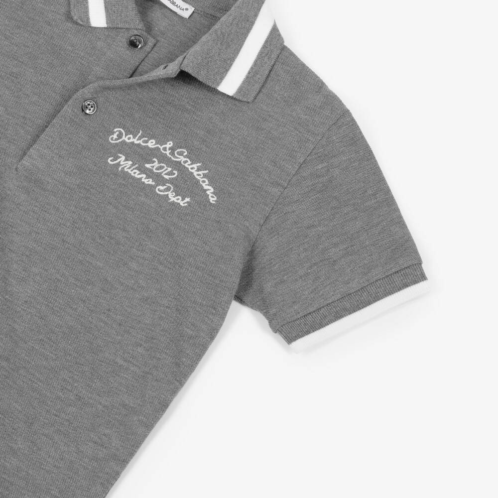 Dolce & Gabbana-Boys Grey Cotton Piqué Polo Shirt with Embroidered Logo | Childrensalon Outlet