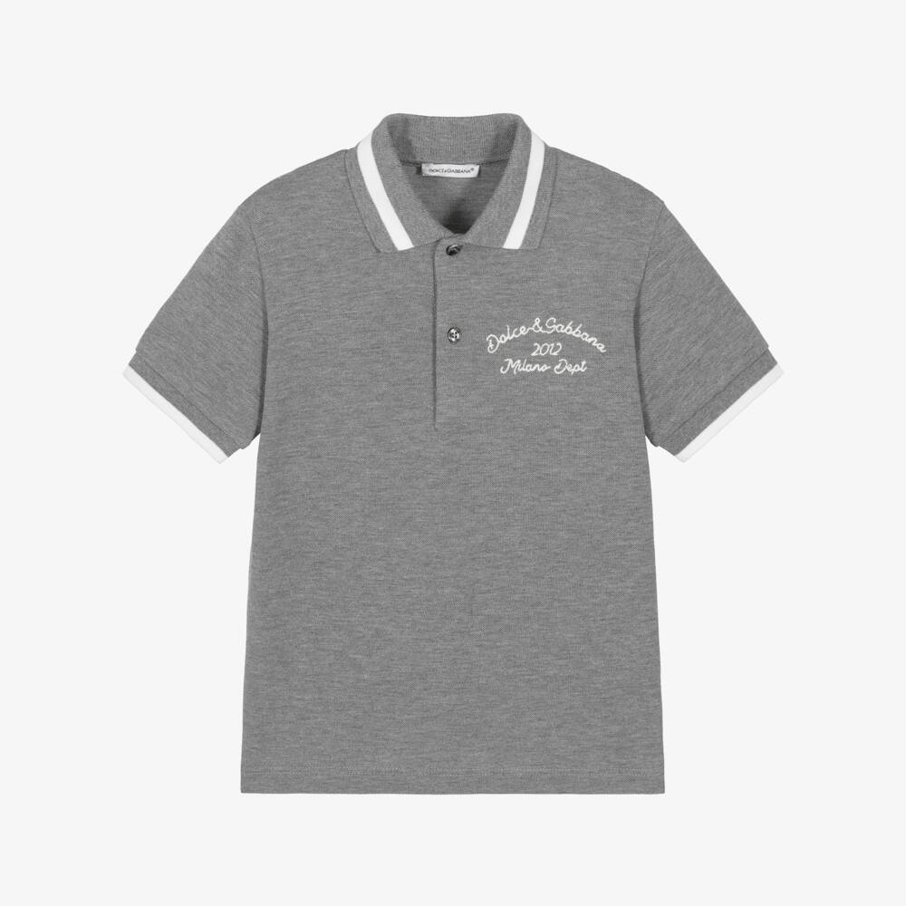 Dolce & Gabbana-Boys Grey Cotton Piqué Polo Shirt with Embroidered Logo | Childrensalon Outlet