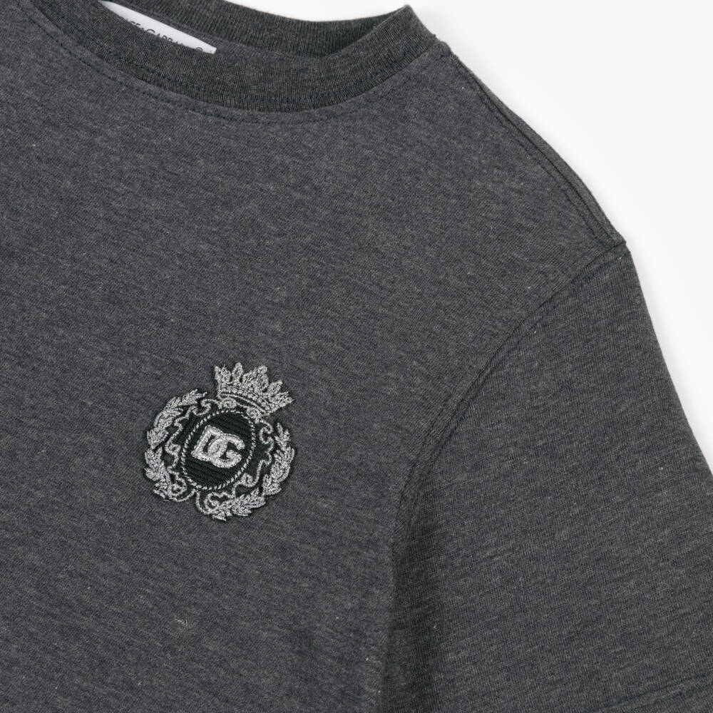 Dolce & Gabbana-Boys Grey Cotton T-Shirt with DG Crest Logo | Childrensalon Outlet