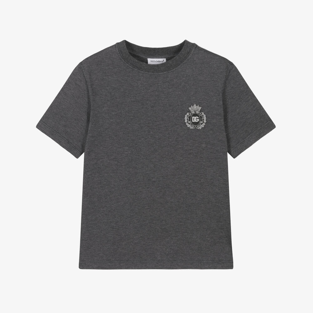 Dolce & Gabbana-Boys Grey Cotton T-Shirt with DG Crest Logo | Childrensalon Outlet