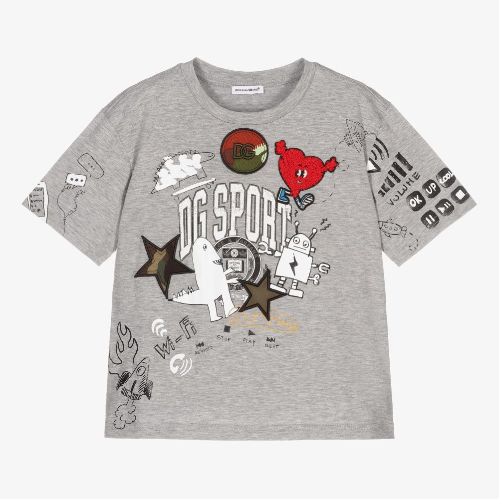 Dolce & Gabbana - تيشيرت قطن جيرسي لون رمادي فاتح للأولاد | Childrensalon