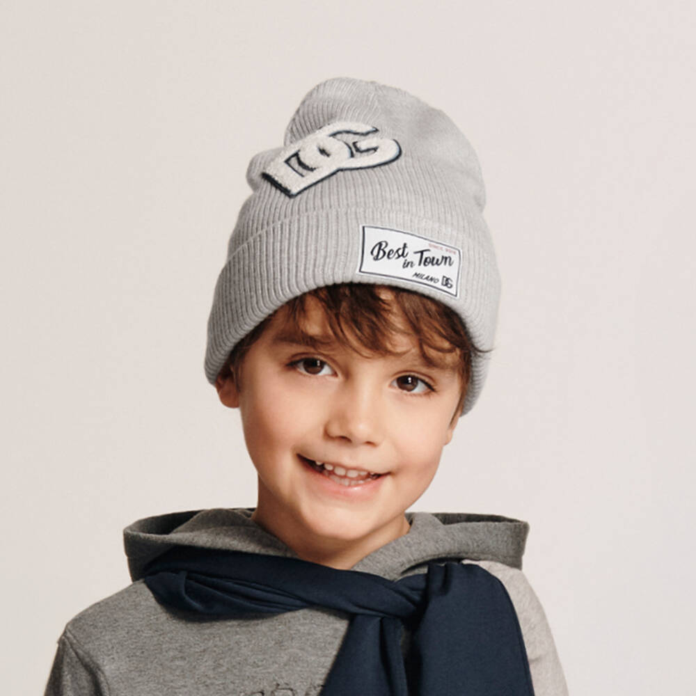 Dolce & Gabbana-Boys Grey Wool Knit Beanie with DG Logo | Childrensalon Outlet