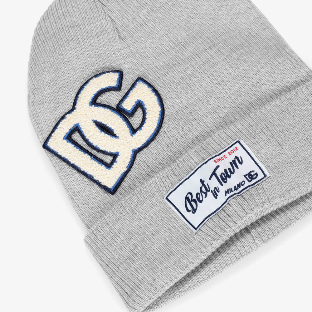 Dolce & Gabbana-Boys Grey Wool Knit Beanie with DG Logo | Childrensalon Outlet