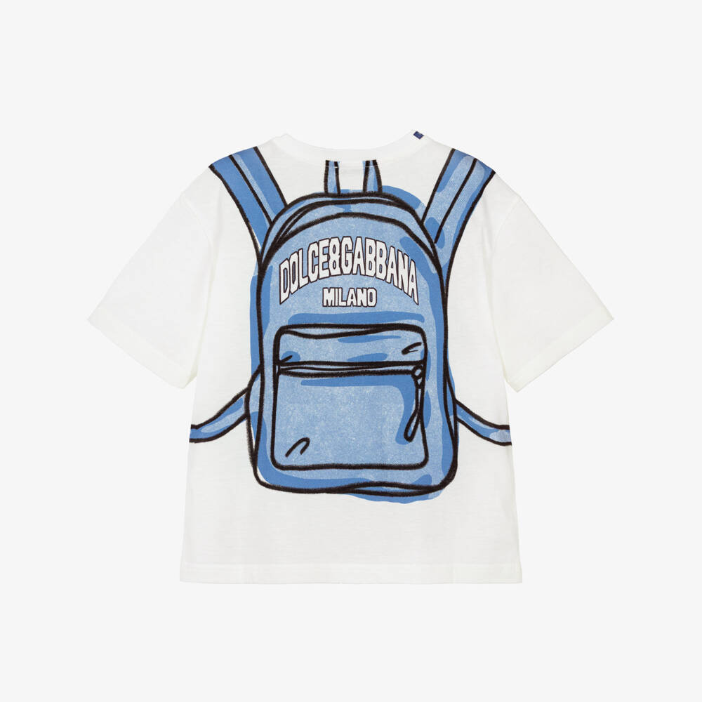 Dolce & Gabbana-Boys Ivory & Blue Backpack Print Cotton T-Shirt | Childrensalon Outlet