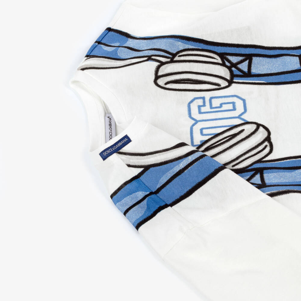 Dolce & Gabbana-Boys Ivory & Blue Backpack Print Cotton T-Shirt | Childrensalon Outlet