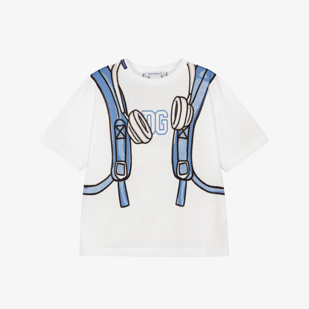 Dolce & Gabbana-Boys Ivory & Blue Backpack Print Cotton T-Shirt | Childrensalon Outlet