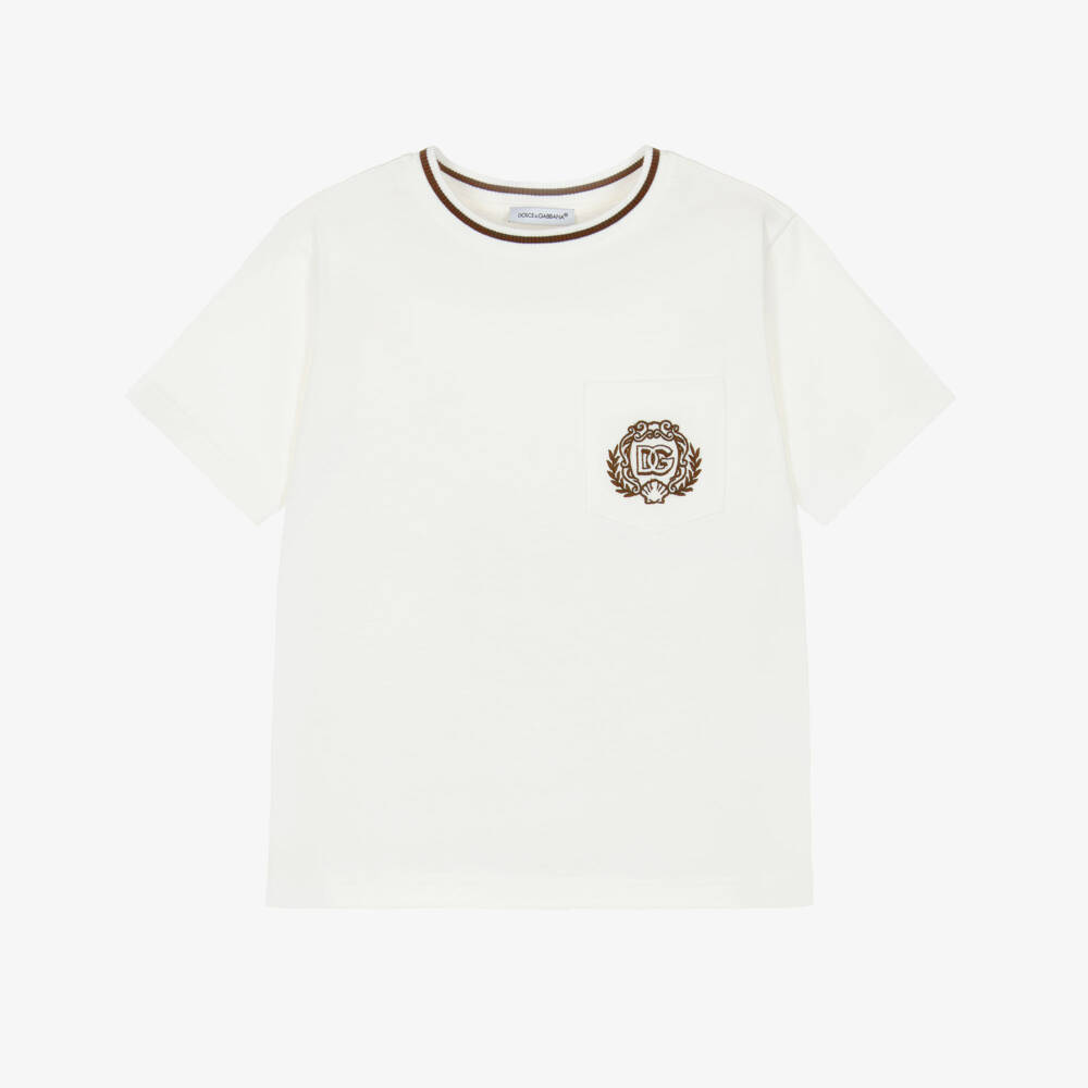 Dolce & Gabbana-Кремовая хлопковая футболка с логотипом для мальчиков | Childrensalon Outlet