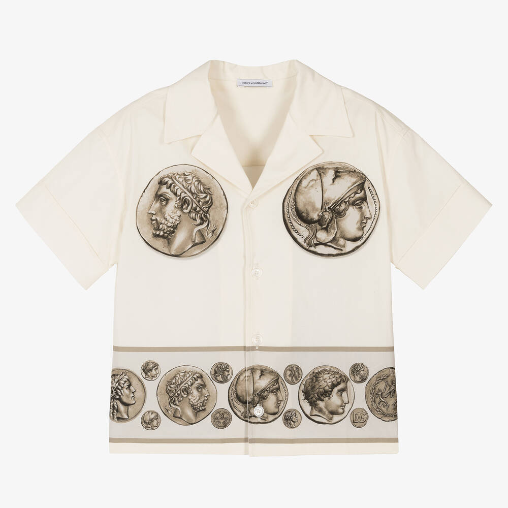 Dolce & Gabbana - Кремовая хлопковая рубашка с римскими монетами | Childrensalon