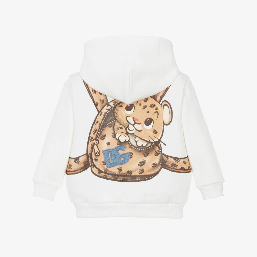 Dolce & Gabbana-Boys Ivory Cotton Zip-Up Top with Leopard Backpack Print | Childrensalon Outlet