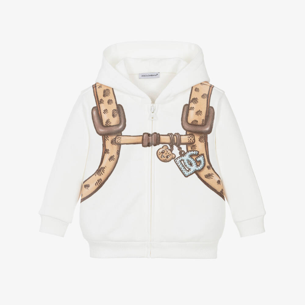 Dolce & Gabbana-Boys Ivory Cotton Zip-Up Top with Leopard Backpack Print | Childrensalon Outlet