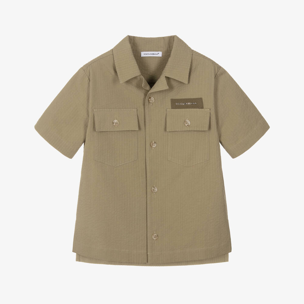 Dolce & Gabbana-Boys Khaki Green Cotton Seersucker Shirt | Childrensalon Outlet