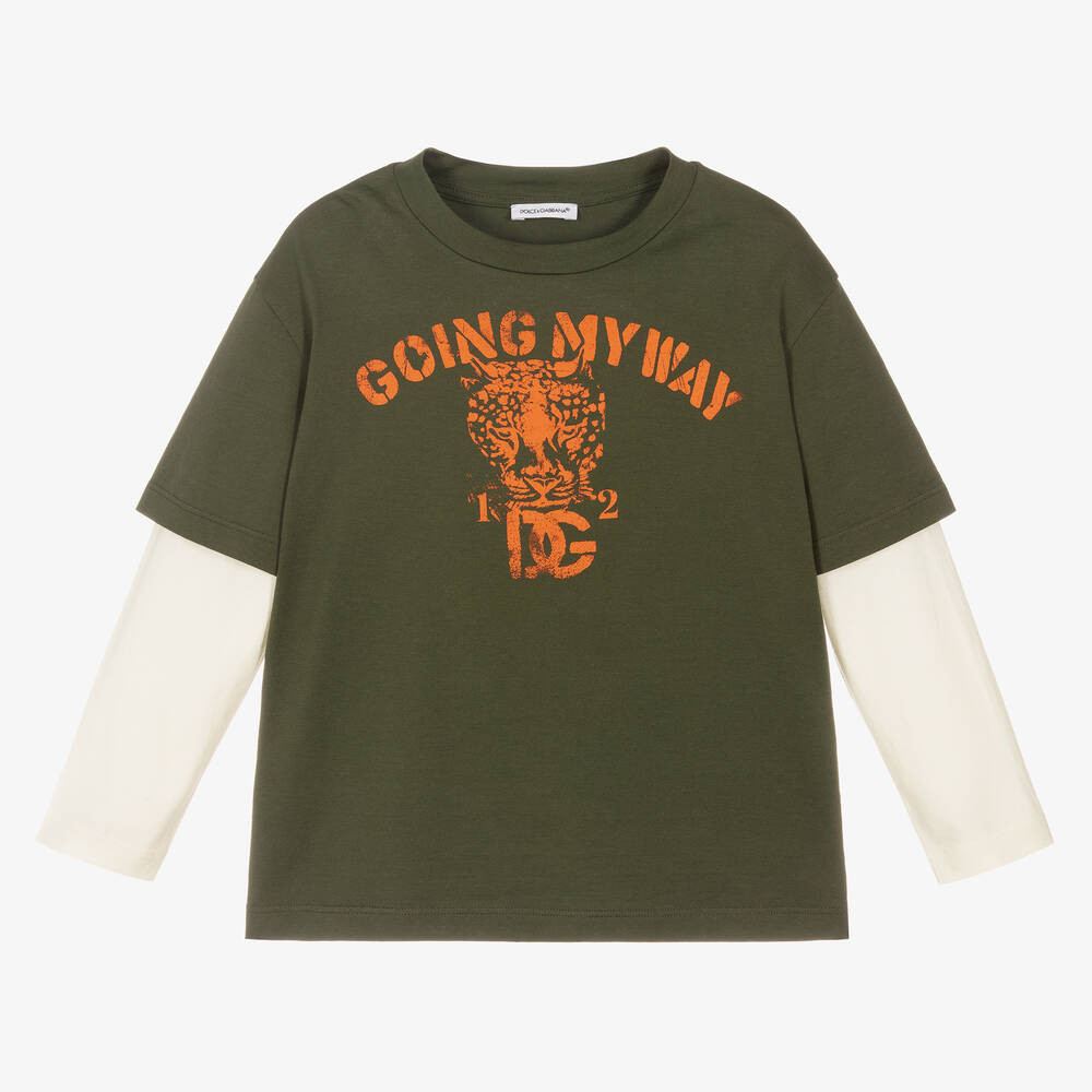 Dolce & Gabbana - Boys Khaki Green Logo T-Shirt | Childrensalon