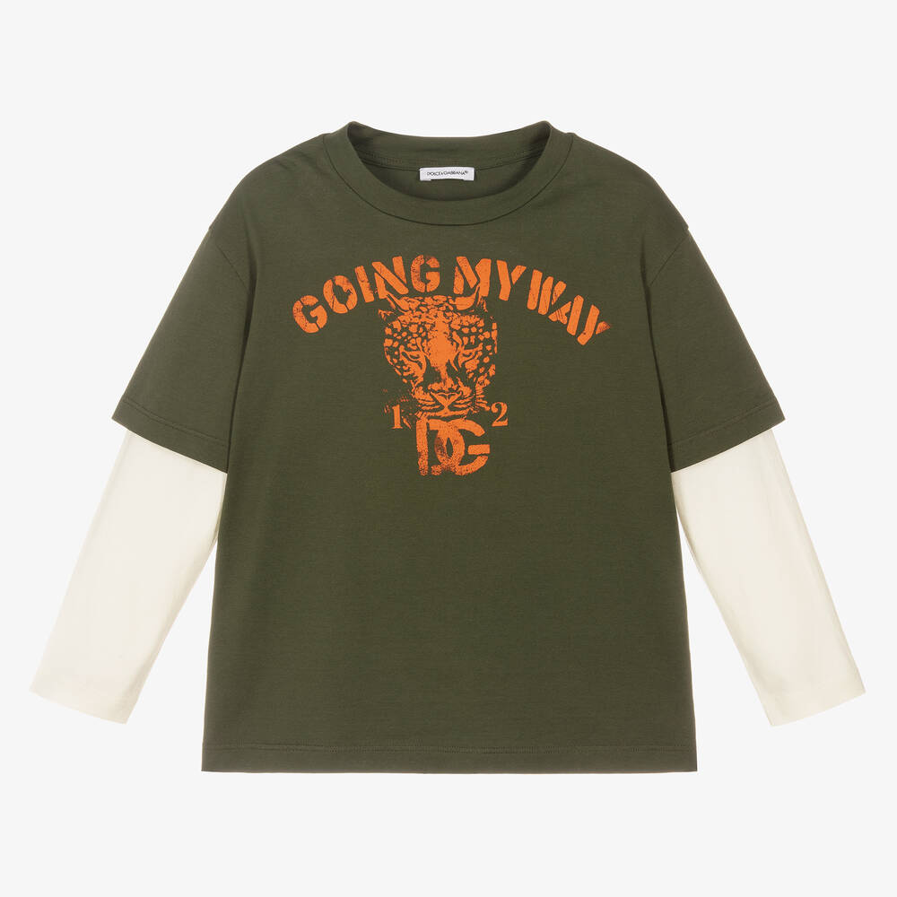 Dolce & Gabbana-Boys Khaki Green Logo T-Shirt | Childrensalon Outlet