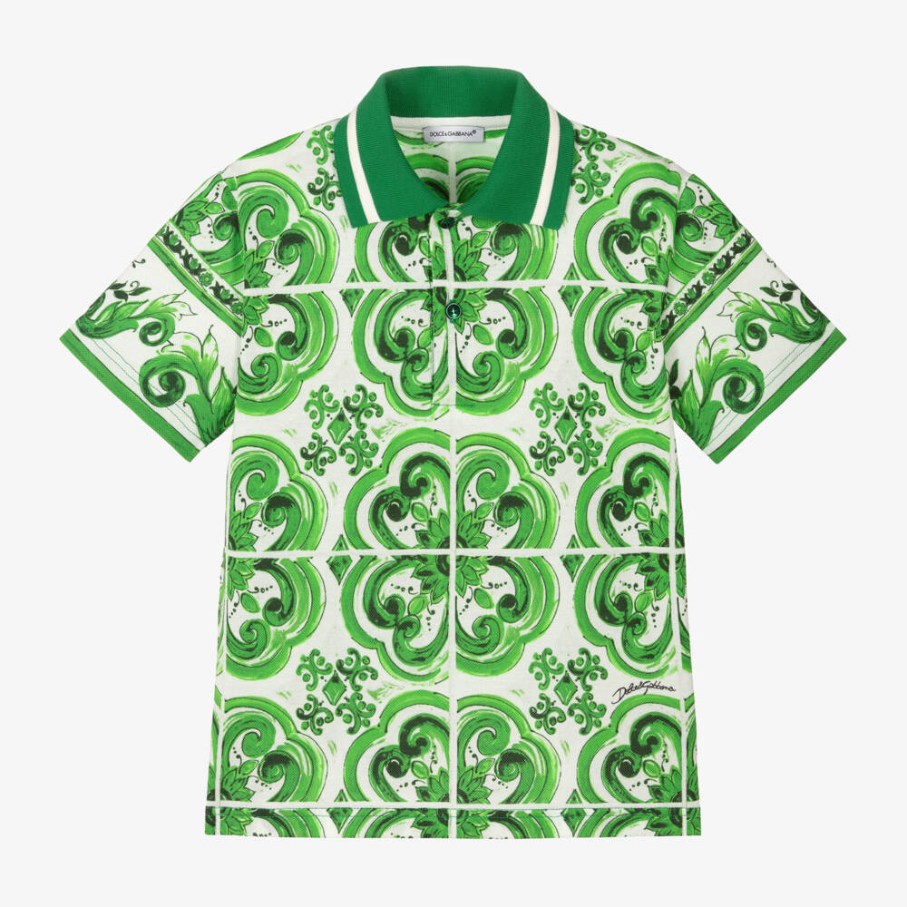 Dolce & Gabbana-Boys Majolica Print Green Polo | Childrensalon Outlet