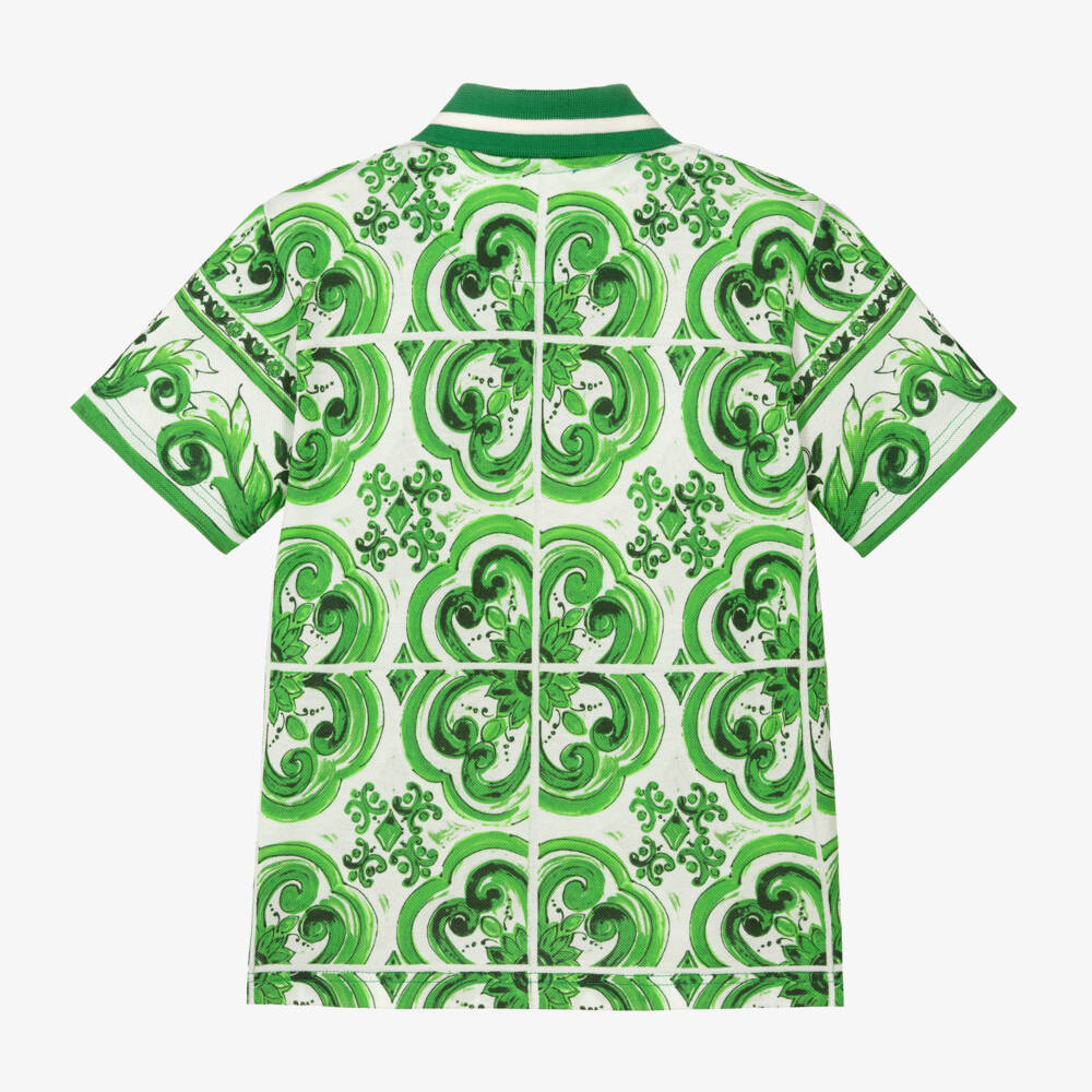 Dolce & Gabbana-Зеленая рубашка-поло из хлопка с майоликой для мальчиков | Childrensalon Outlet