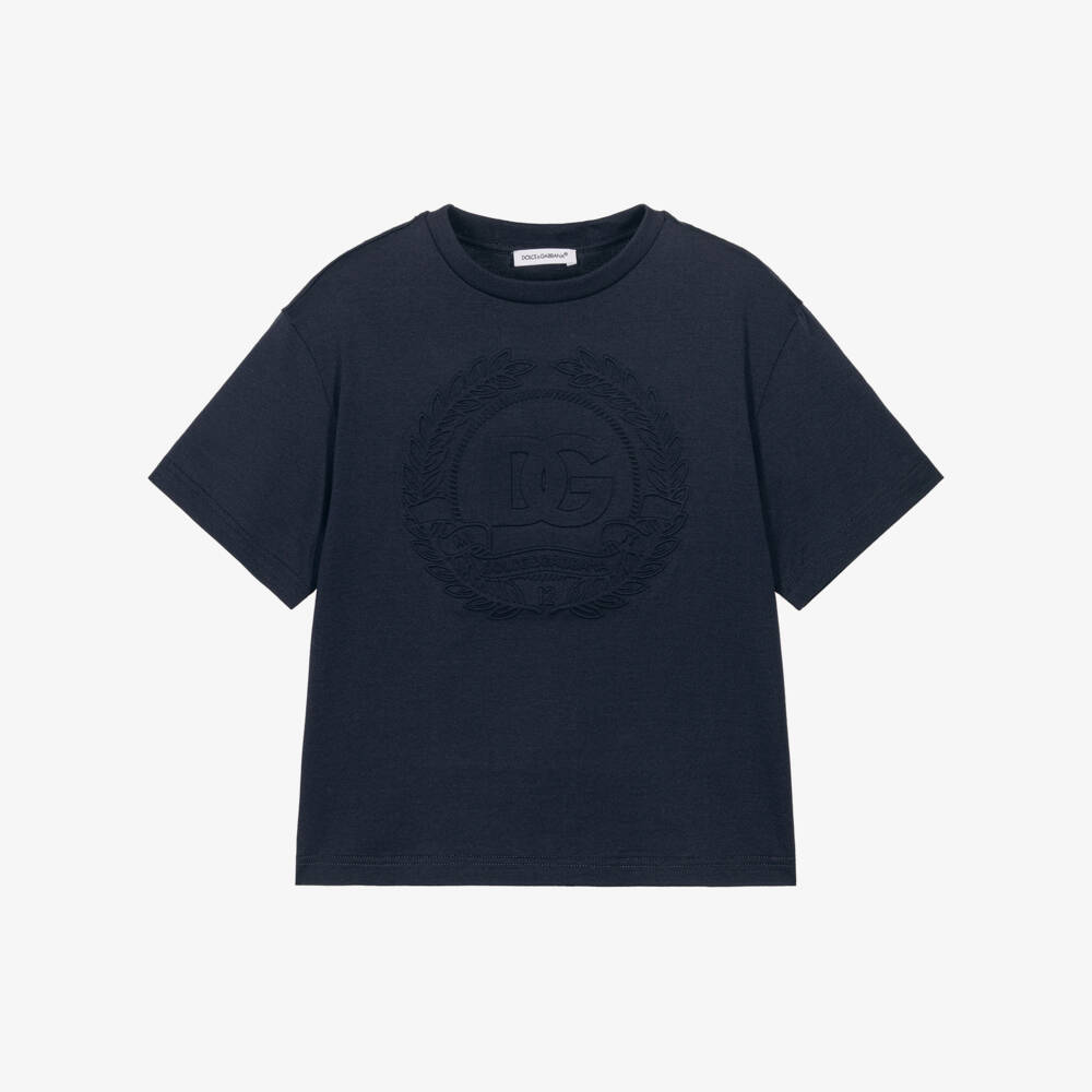 Dolce & Gabbana-Boys Navy Blue Cotton Embossed DG Logo T-Shirt | Childrensalon Outlet