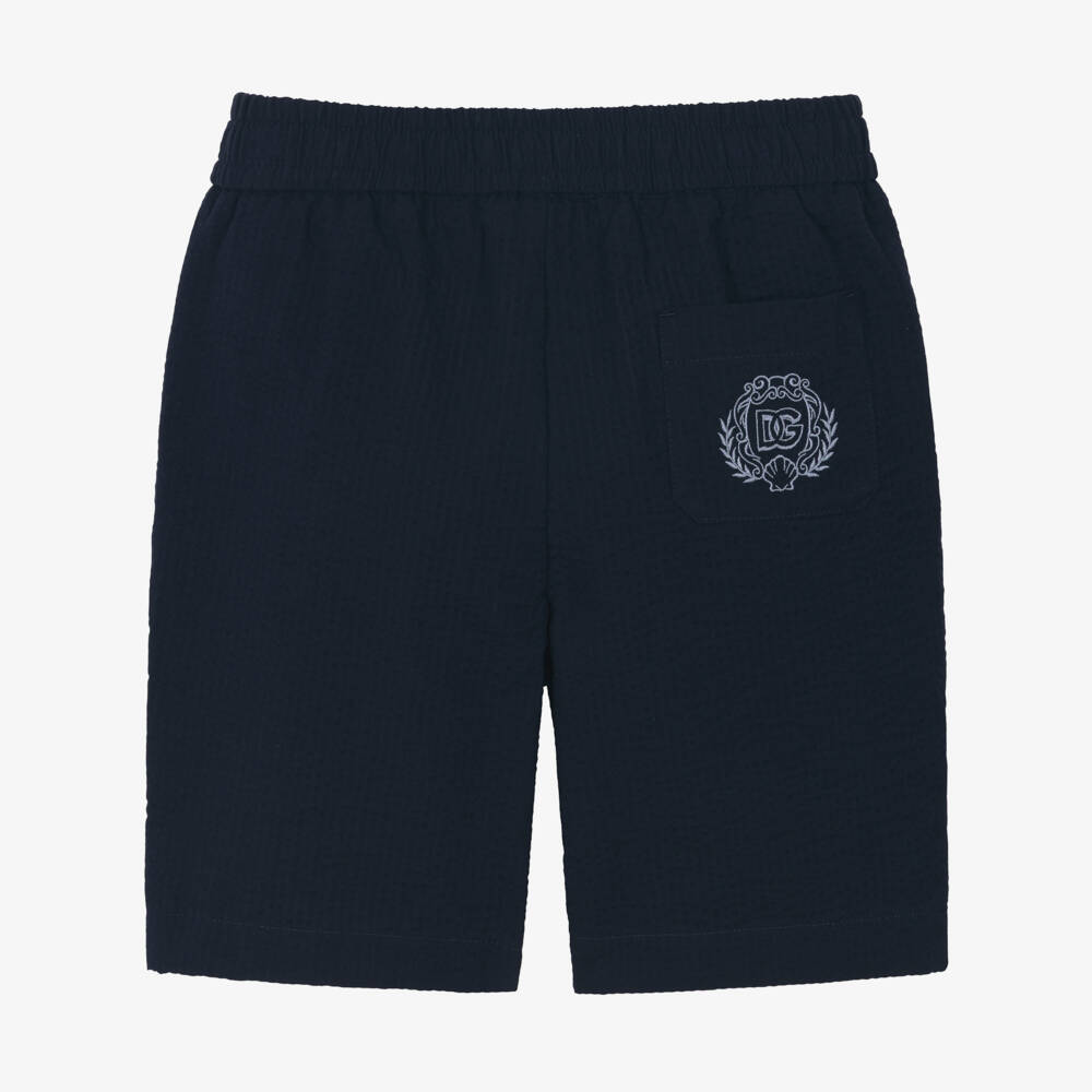 Dolce & Gabbana-Boys Navy Blue Cotton Seersucker Shorts with Crest Logo | Childrensalon Outlet