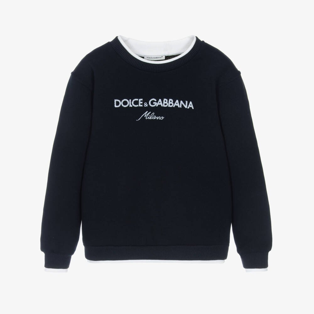 Dolce & Gabbana-Boys Navy Blue Cotton Sweatshirt with White Embroidered Logo | Childrensalon Outlet