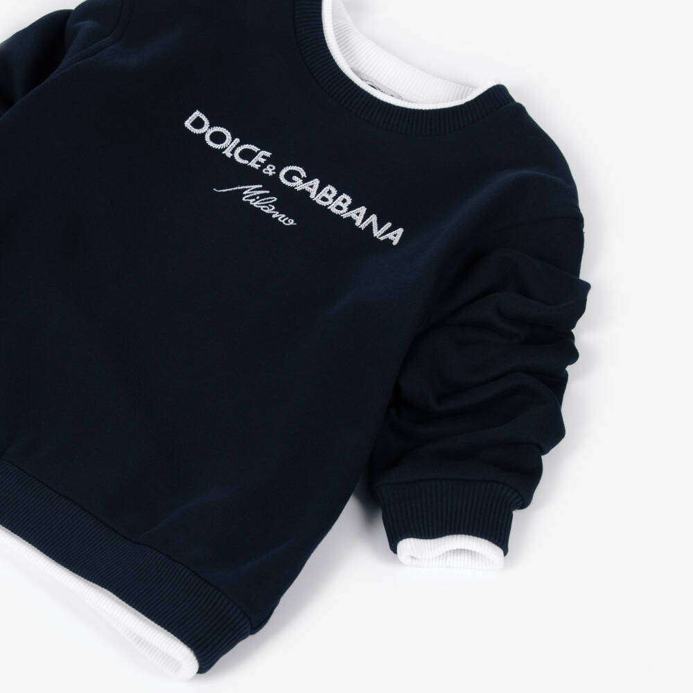 Dolce & Gabbana-Boys Navy Blue Cotton Sweatshirt with White Embroidered Logo | Childrensalon Outlet